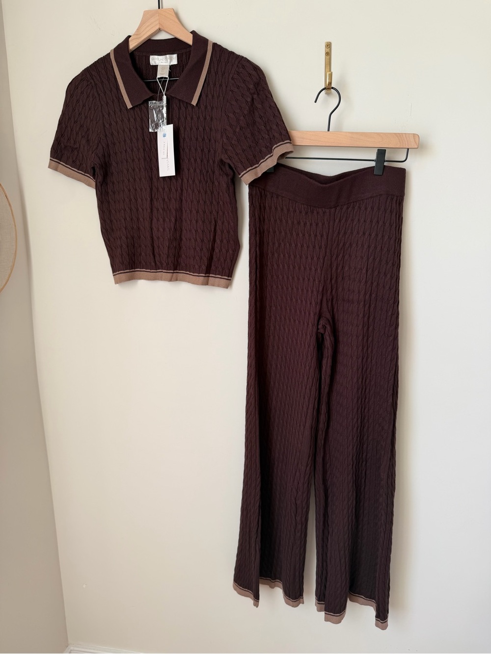 Caroline Constas Brown cable Knit Polo Top & Wide-Leg Pants two piece set